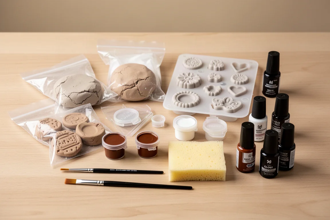 Ausgepacktes Bastelset mit Tütten aus Ton, Formen, Farben und Pinseln auf einem Tisch