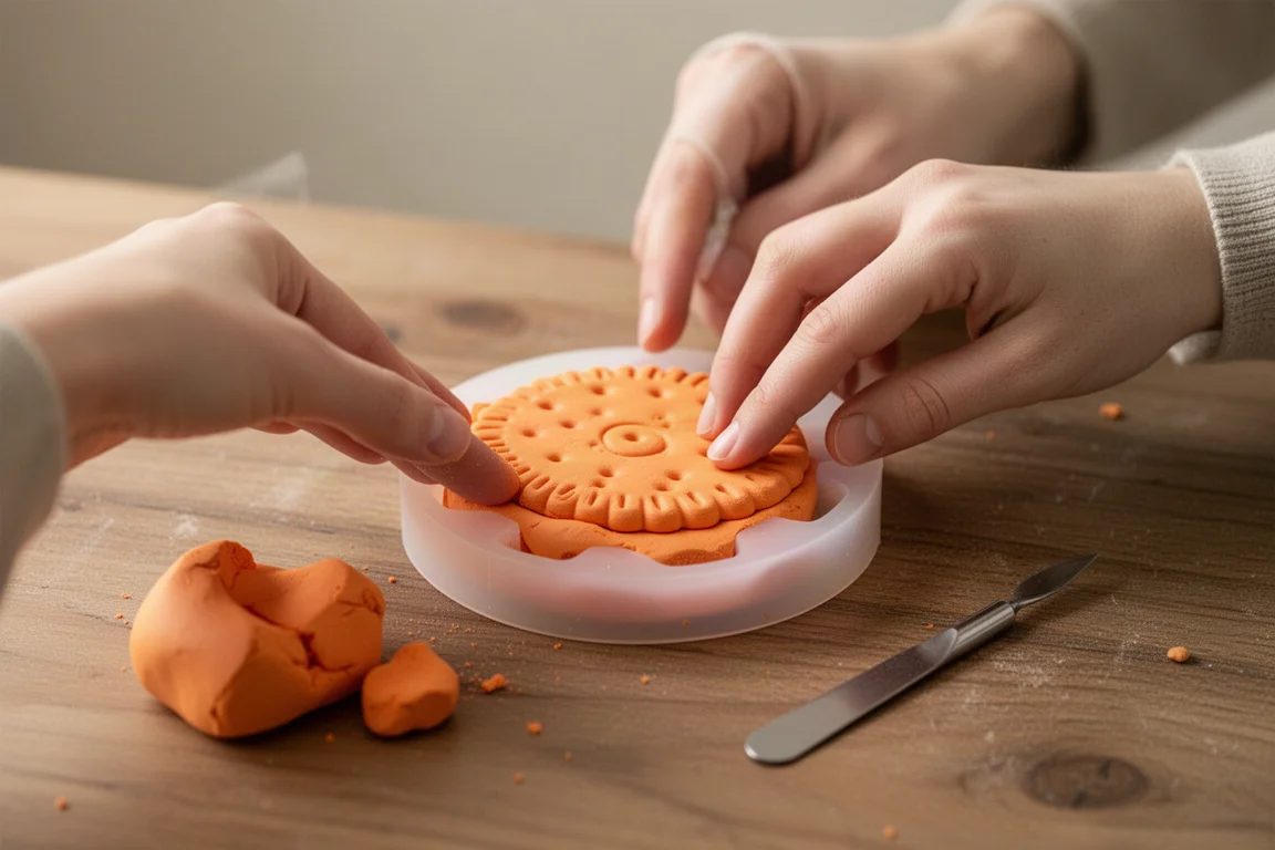 Hände drücken Ton in eine runde Biscuit-Form auf einem Holztisch