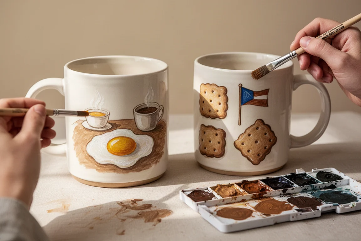 Zwei Keramiktassen werden von Hand mit kleinen Food-Illustrationen bemalt
