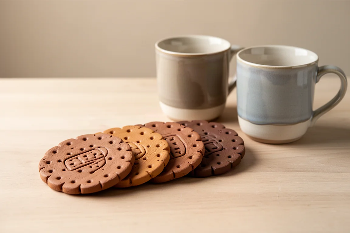 Fertig bemalte Biscuit-Untersetzer aus Ton, trocknend auf einem Tisch