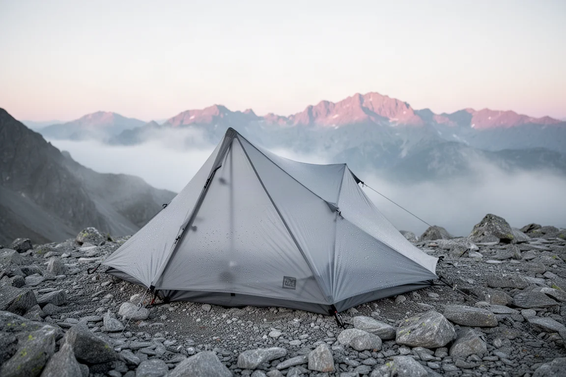 Lichtdoorlatende ultralichte tent op een mistige alpiene bergkam bij zonsopgang