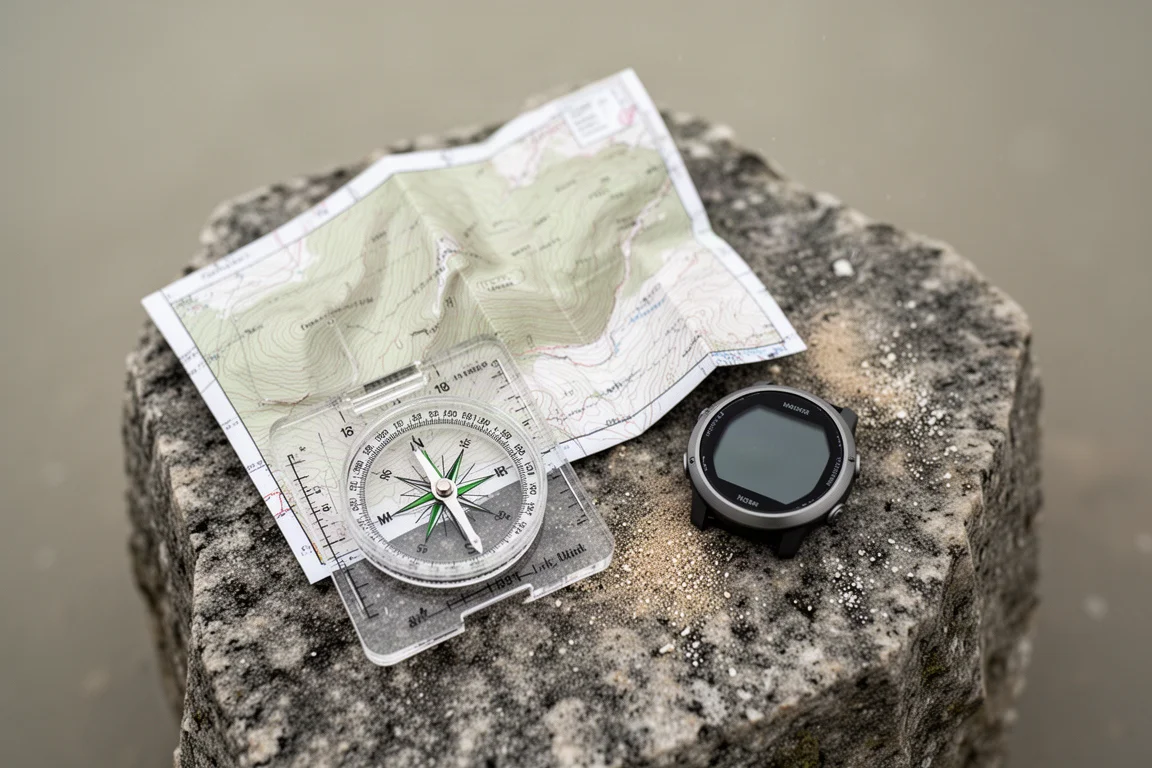 Topografische kaart, kompas met grondplaat en GPS-horloge op graniet
