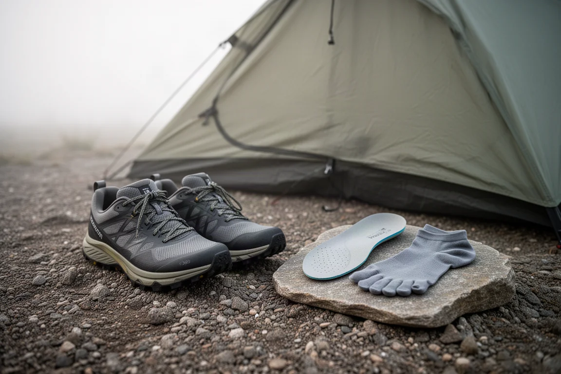 Trailschoenen, binnenzolen en teentensokken drogen op grind naast een tent