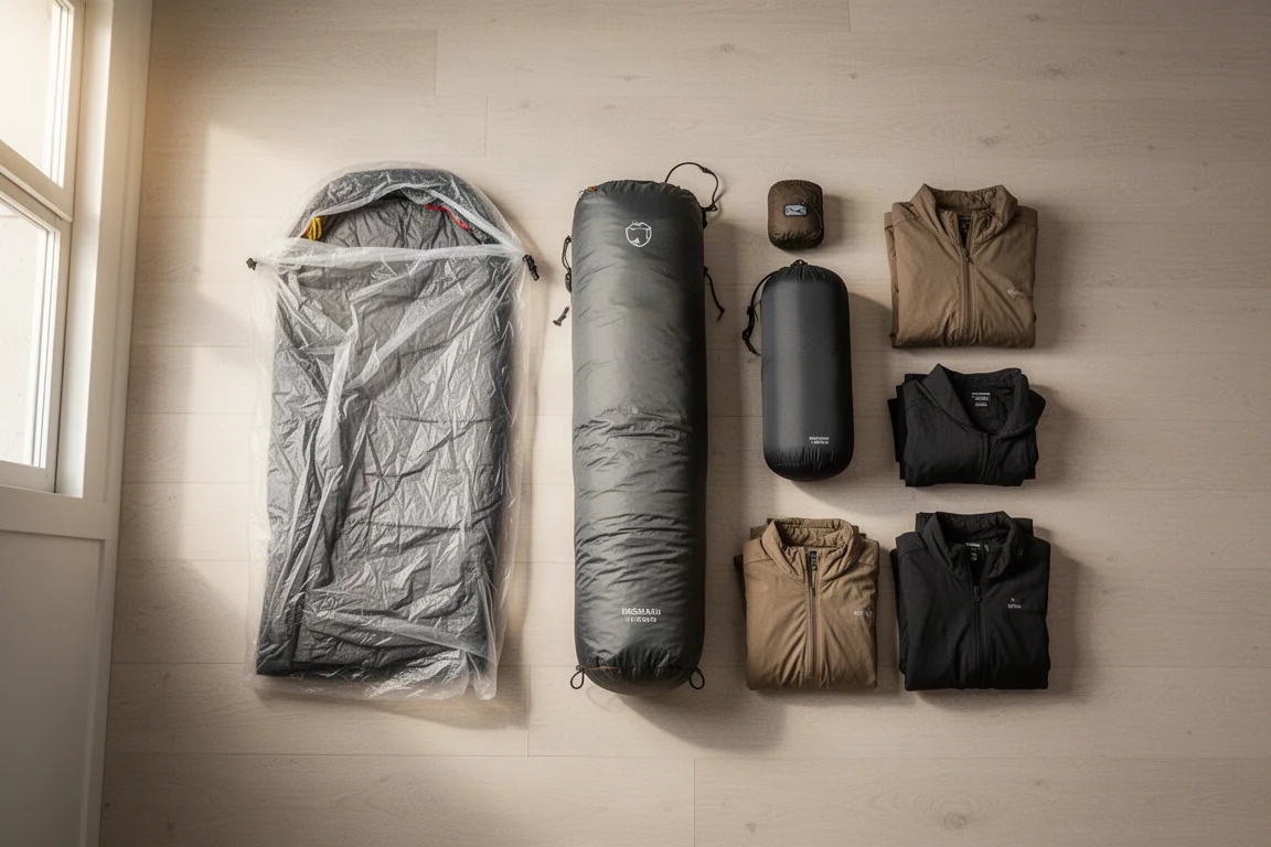Bovenaanzicht van ultralichte backpackuitrusting geordend op een houten vloer