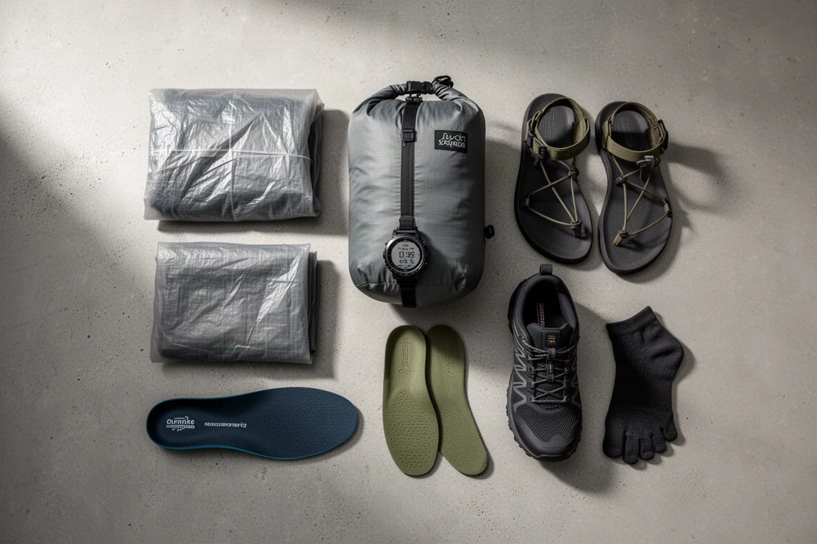 Flat lay of ultralight backpacking gear including shelter, pack, watch and footwear