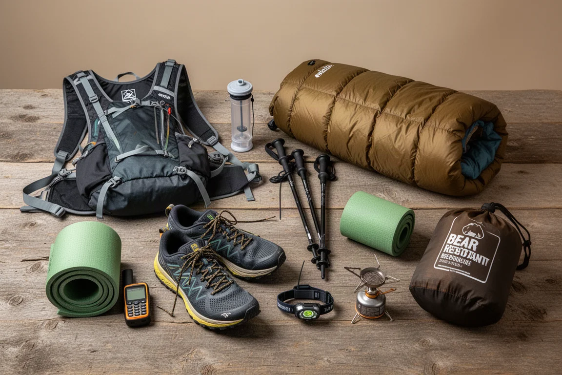 Flat-lay of thru-hiking gear including backpack, tent, quilt, and shoes on wood surface