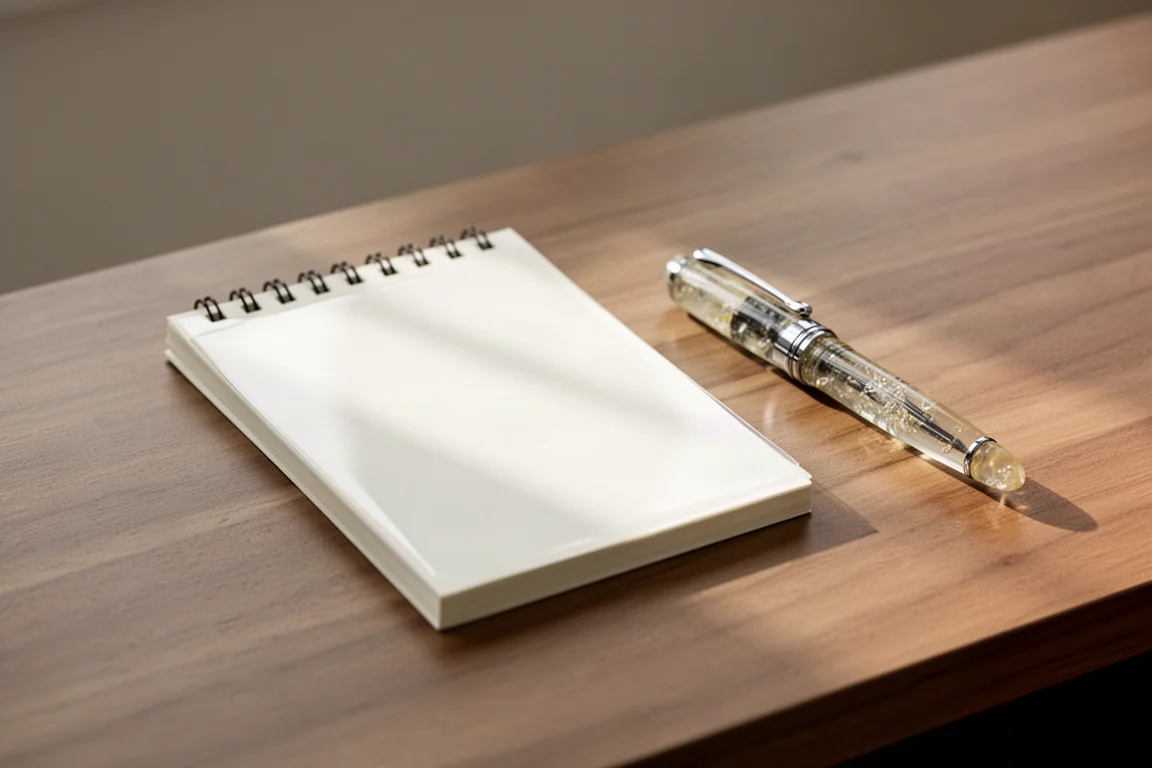 Libreta de bolsillo abierta sobre un escritorio junto a una pluma estilográfica con su tapón puesto