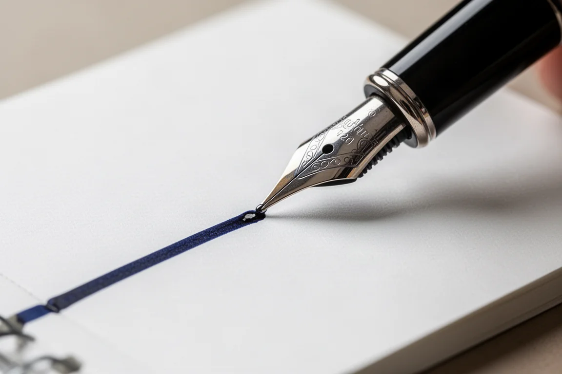 Una pluma estilográfica escribiendo una frase sobre papel blanco grueso de la libreta