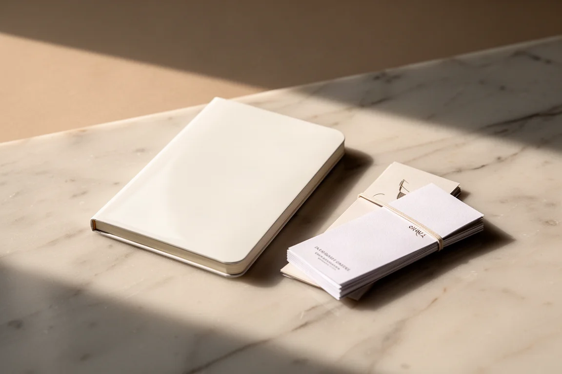 Libreta de bolsillo con su envoltura de papel a su lado sobre una superficie de mármol