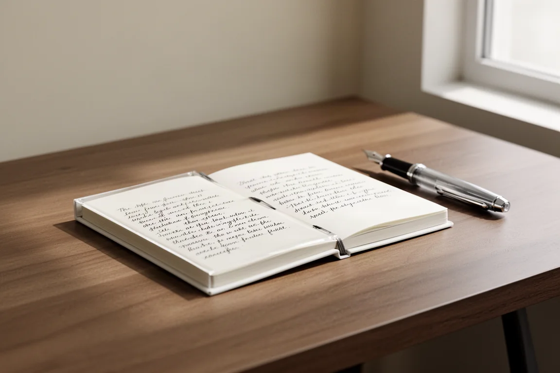 Great Fountain pocket notebook open on a desk with a fountain pen beside it