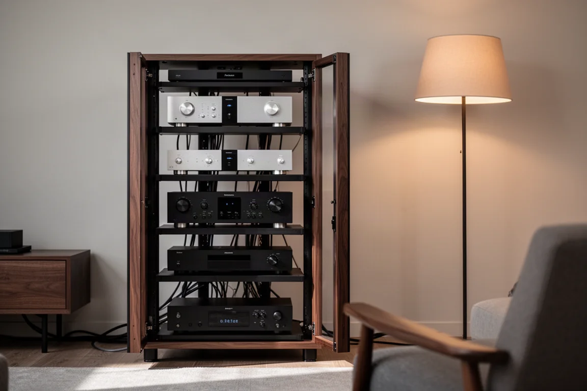 High-end audio rack in a living room with stacked components and warm lamp light
