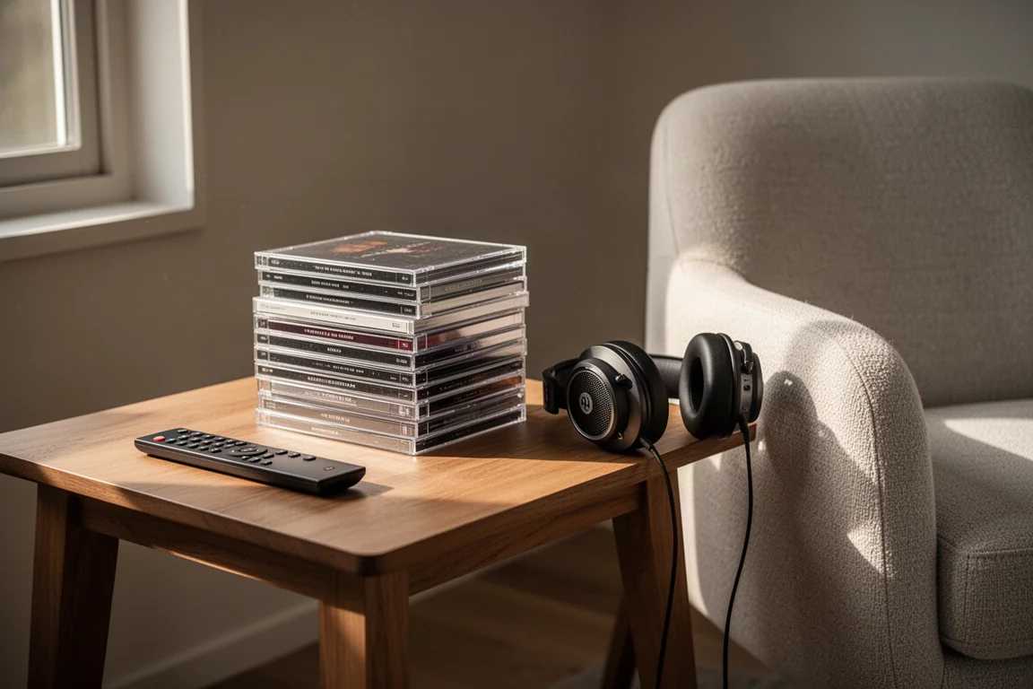 Stack of disc cases on a wooden side table beside a fabric listening chair