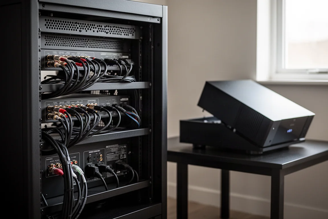 Rear of a home theatre rack with bundled cables and a component on a bench