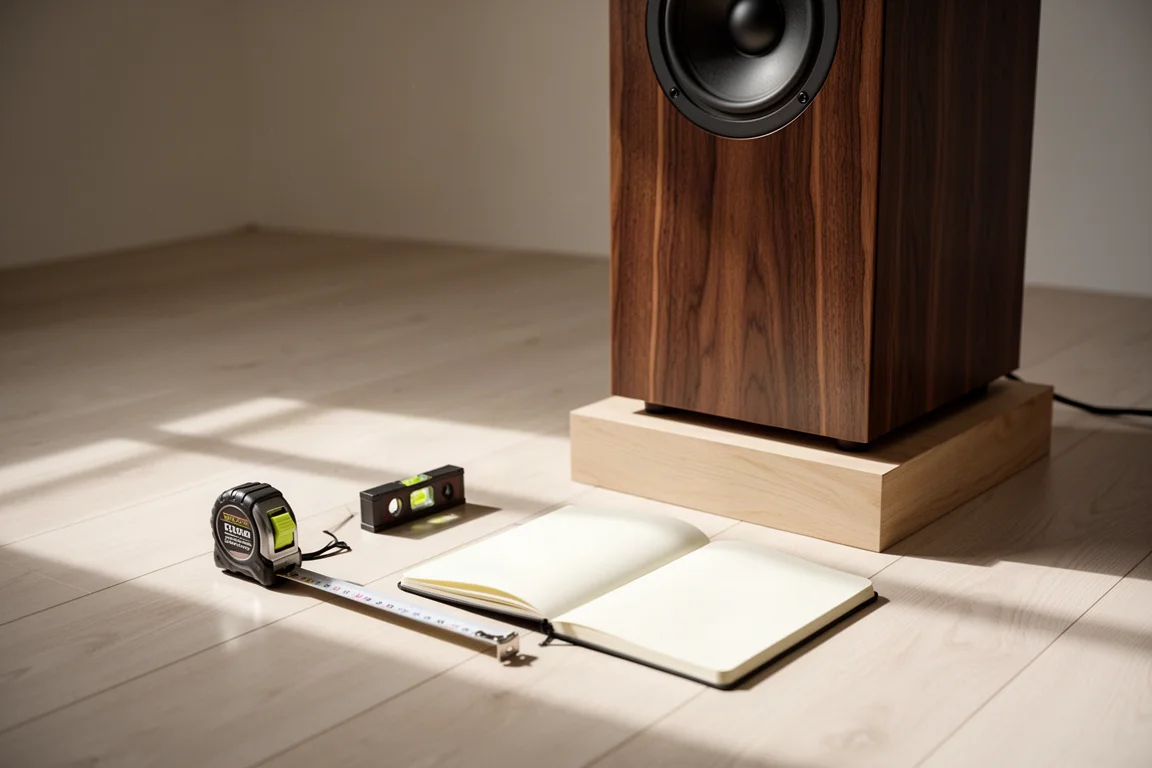Tape measure, notebook and spirit level on a wooden floor beside a speaker
