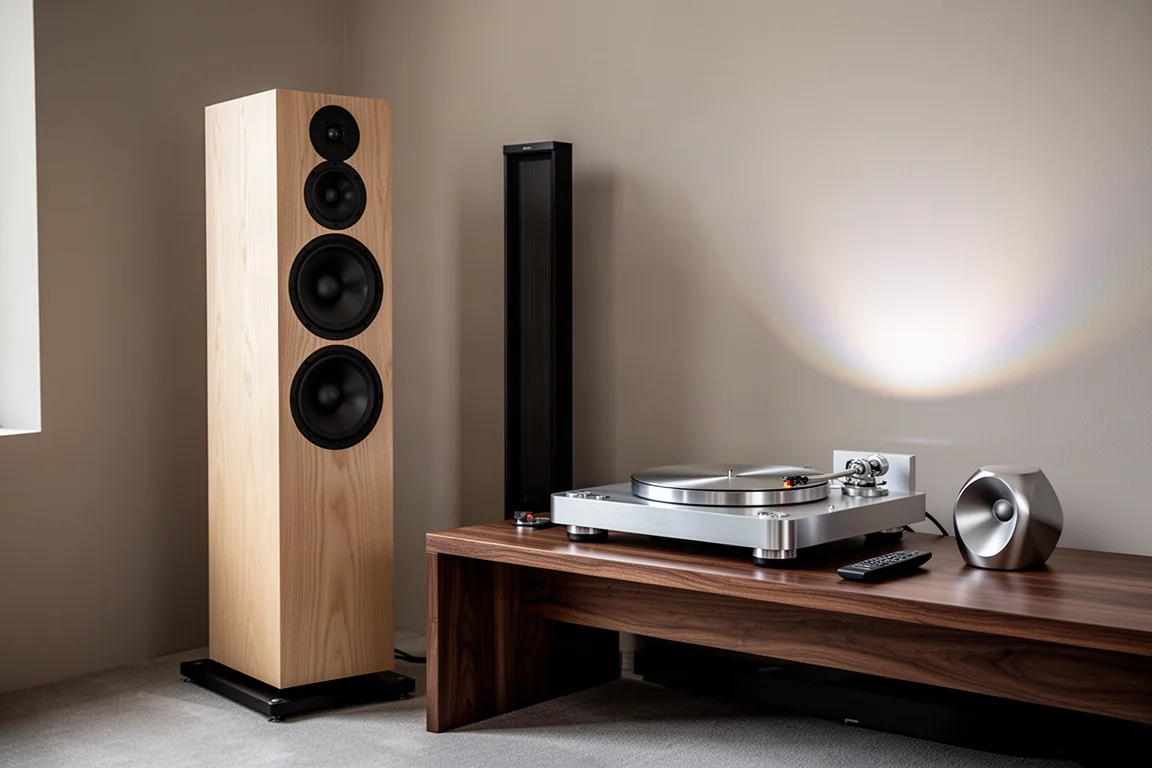 High-end listening room with floorstanding speakers, disc player and remote on a low shelf