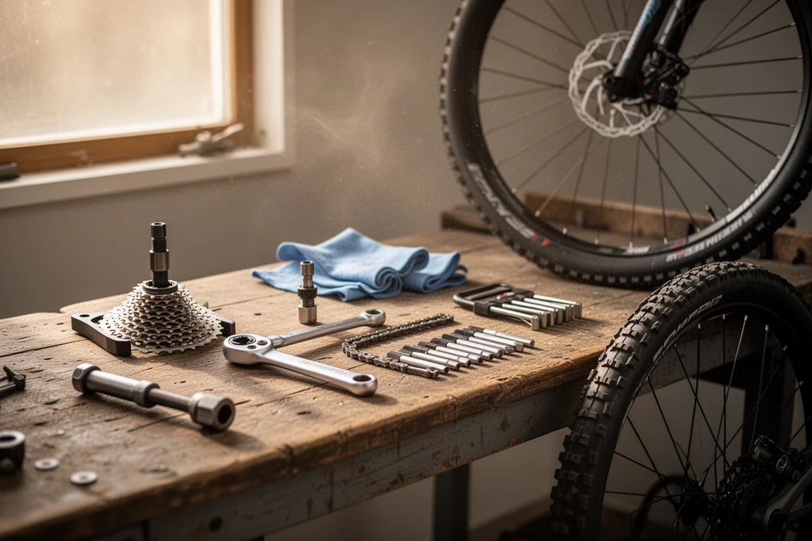 Mountain bike workshop bench with tools, rags and a partly disassembled wheel