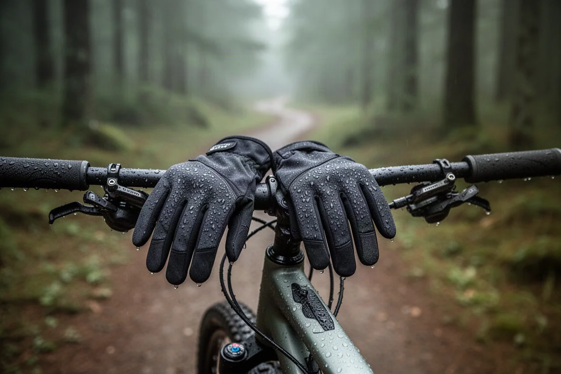 Riding gloves draped over wet mountain bike handlebars on a forest trail