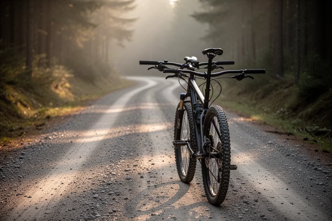 Mountain biker climbing a gravel forest road at dusk, seen from behind
