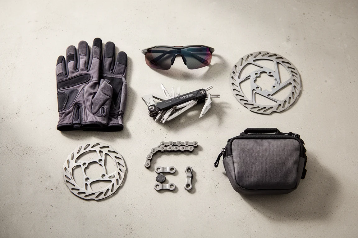 Overhead flat lay of cycling accessories including gloves, sunglasses and a multitool