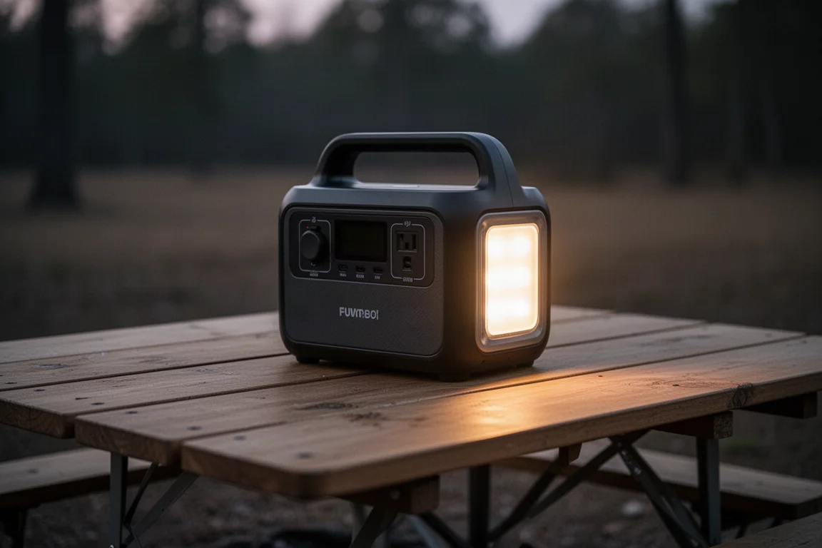 Kompakt kraftstation på ett campingbord med LED-ljuset tänt i skymningen