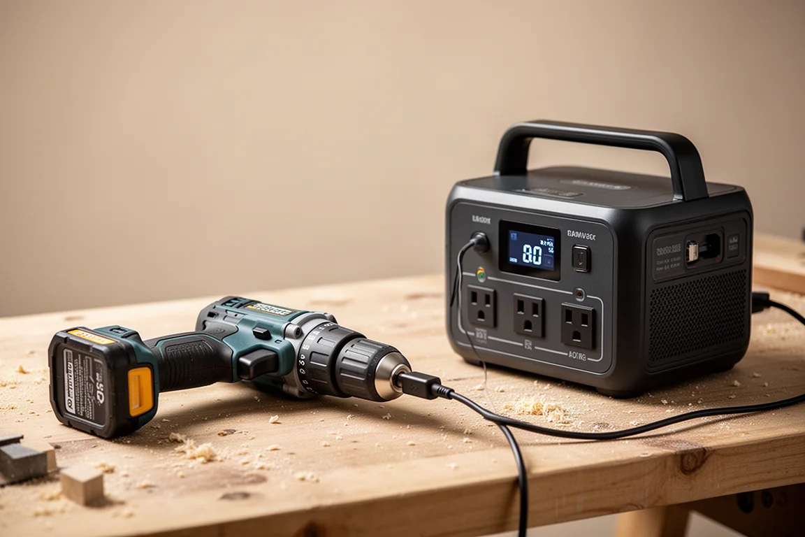 Batteridrill ansluten till en bärbar kraftstation mitt i ett arbete i en verkstad