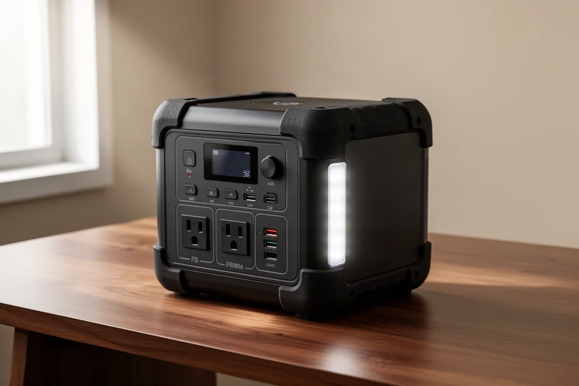 Compact portable power station with rubber bumpers and glowing LED light on a wooden desk