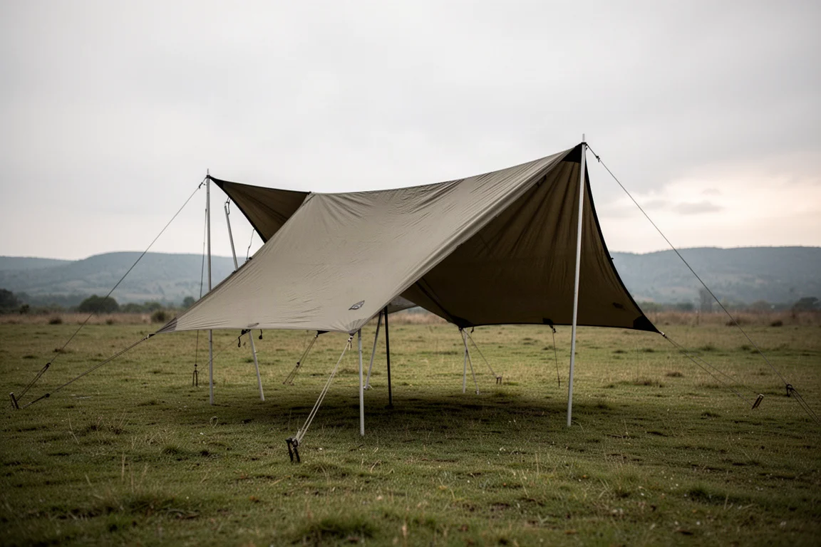 Tarp pitched over adjustable poles in a windy open campsite with low hills behind