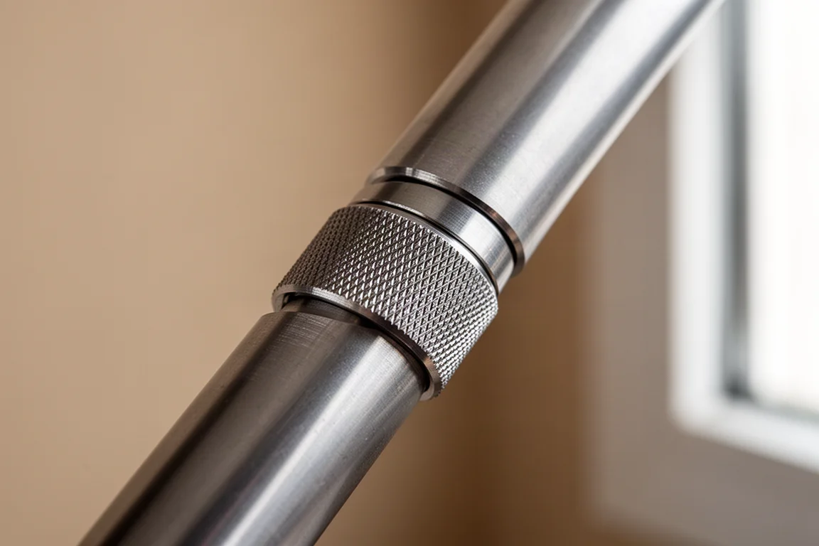 Close-up of hands twisting a telescoping pole collar to lock the shaft
