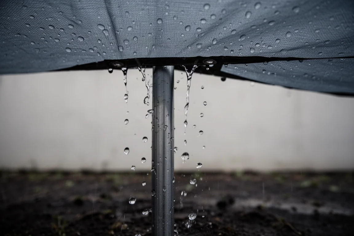 Rainwater beading and running down a metal pole shaft under a wet tarp