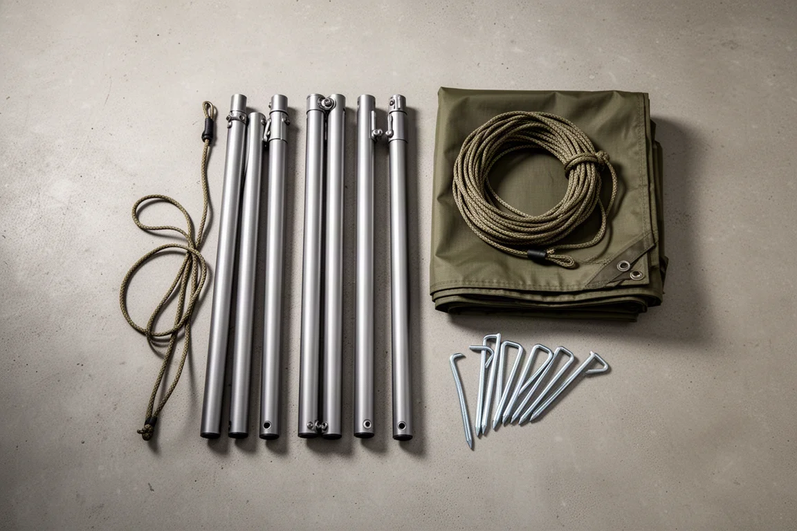 Four telescoping poles and a folded tarp laid out on concrete before a trip