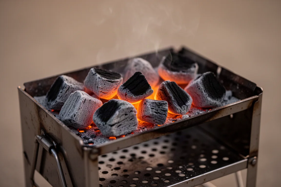 Glühende heiße Kohlen in einem kompakten Stahlgrill im Freien