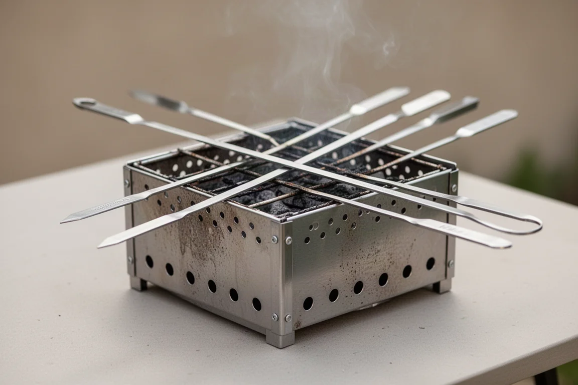 Schaschlikspieße liegen schräg an den gelochten Seiten eines Konro-Grills an