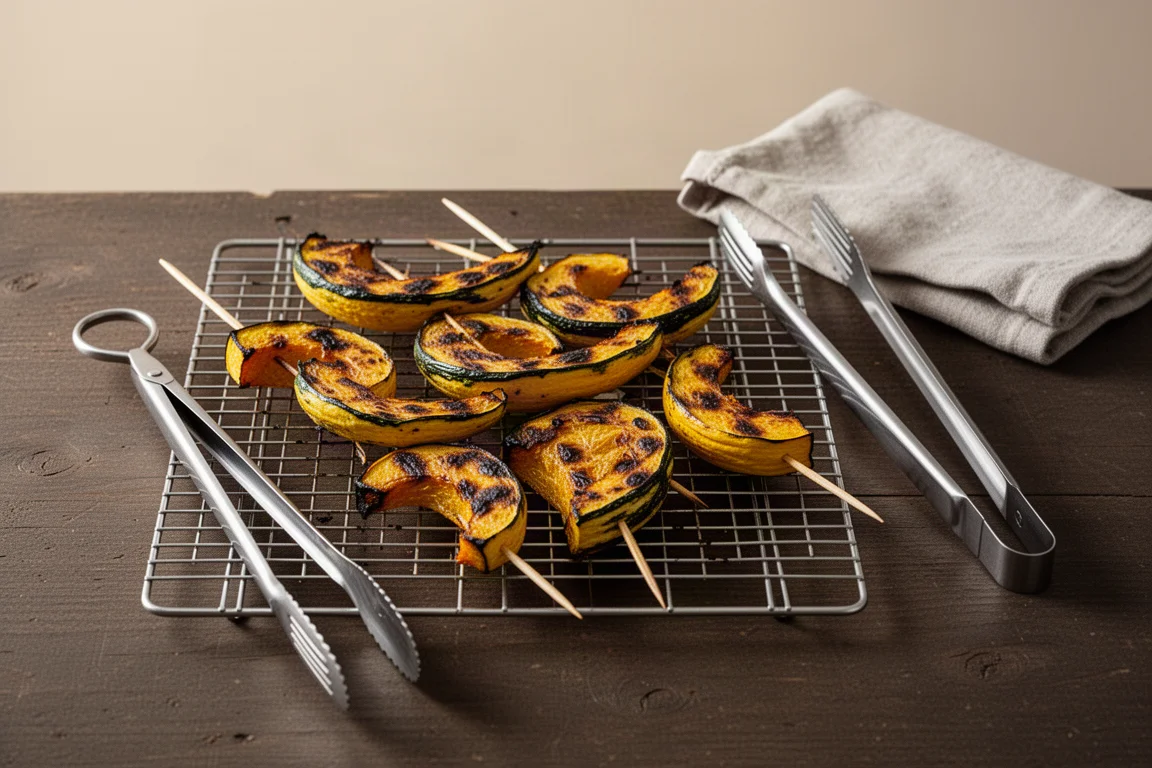 Angekohltes Gemüse auf einem Grillrost neben Grillzangen