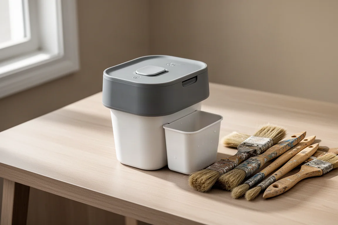 Compact plastic brush rinser device on a wooden desk beside paintbrushes