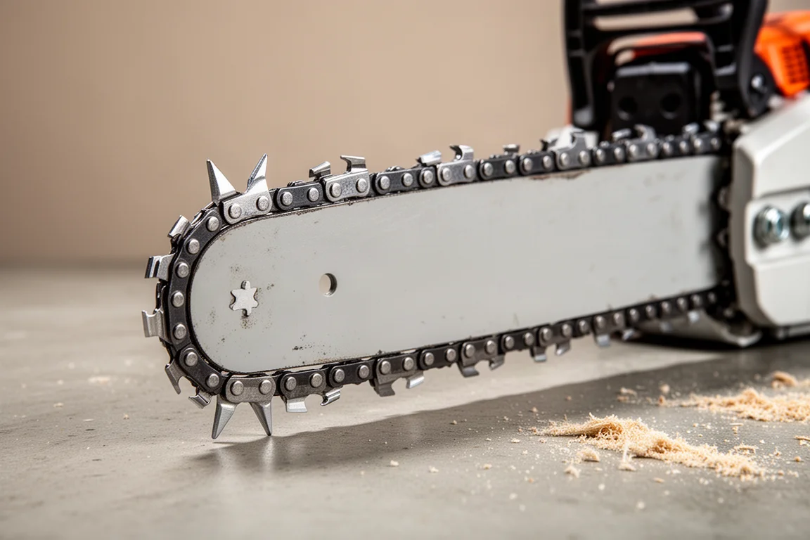 18-inch guide bar with full house chain and metal bucking spikes in close-up