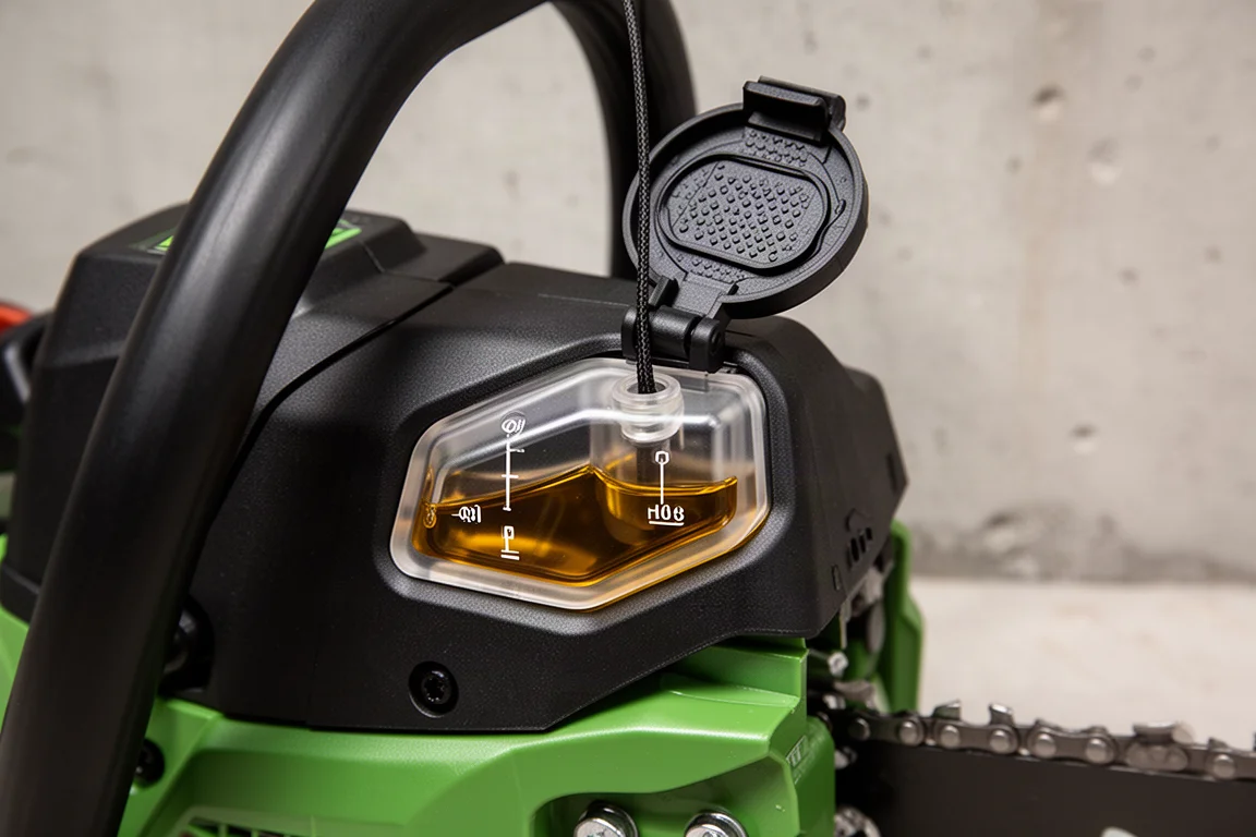 Translucent oil reservoir with flip-up textured cap on the chainsaw body