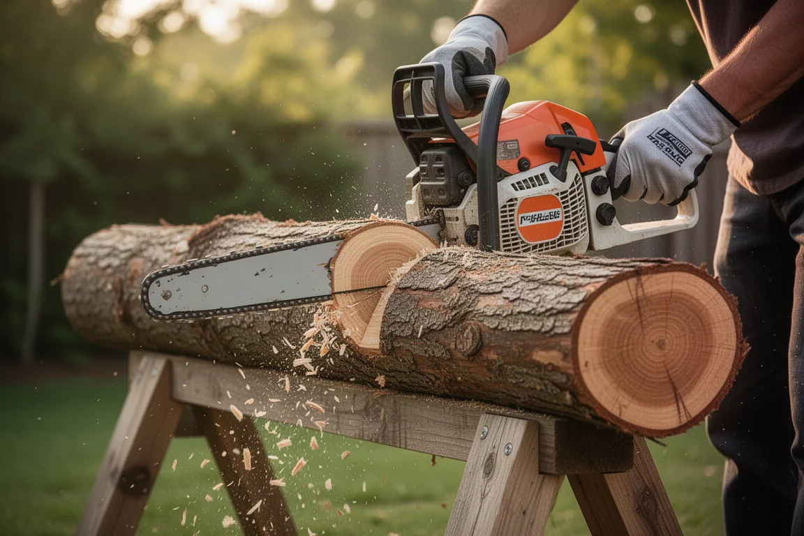 Chainsaw cutting through a thick log with saw chips flying