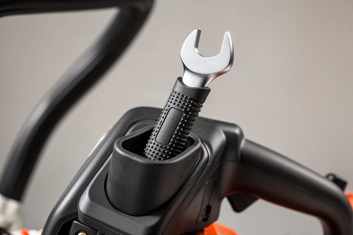 Combination wrench in a rubberized onboard holder on the chainsaw handle