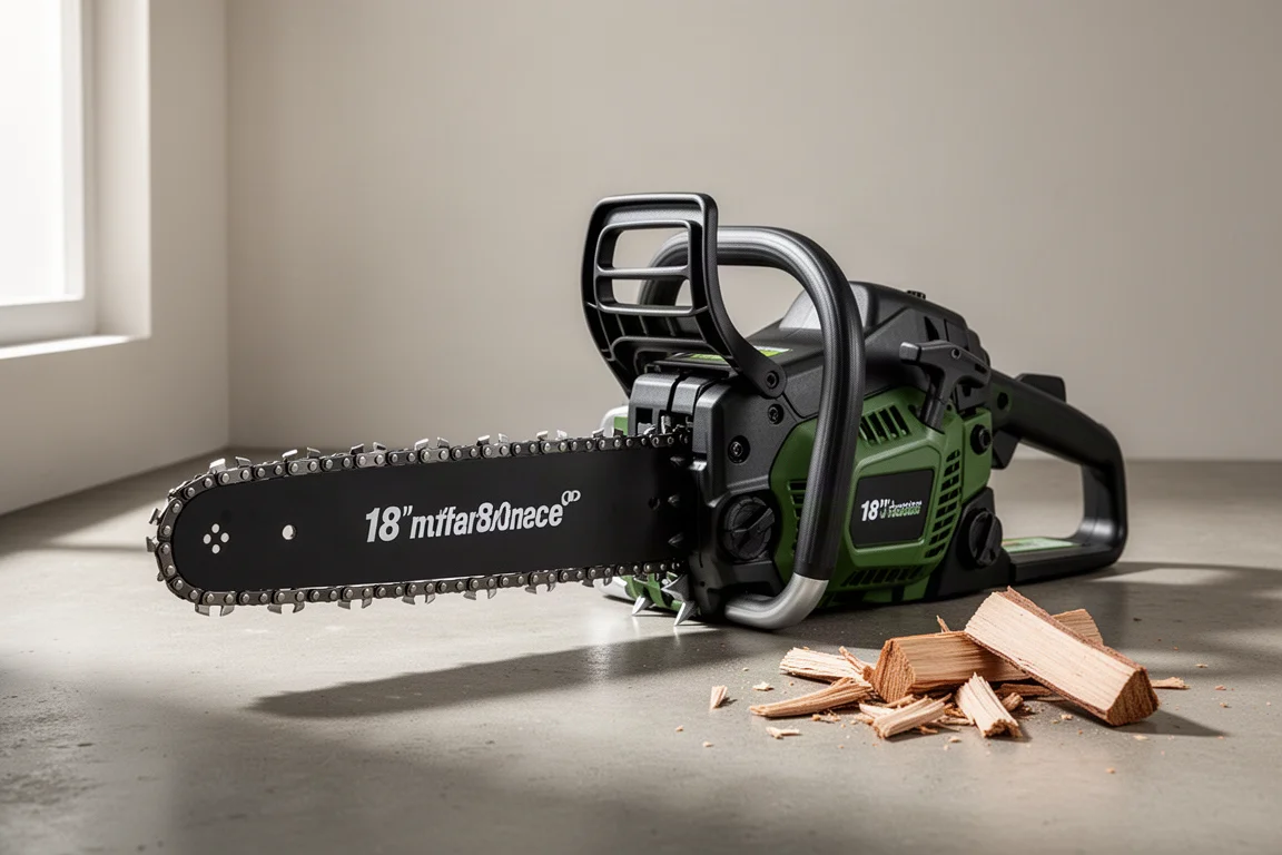 Greenworks 18-inch 60V battery chainsaw on a concrete surface