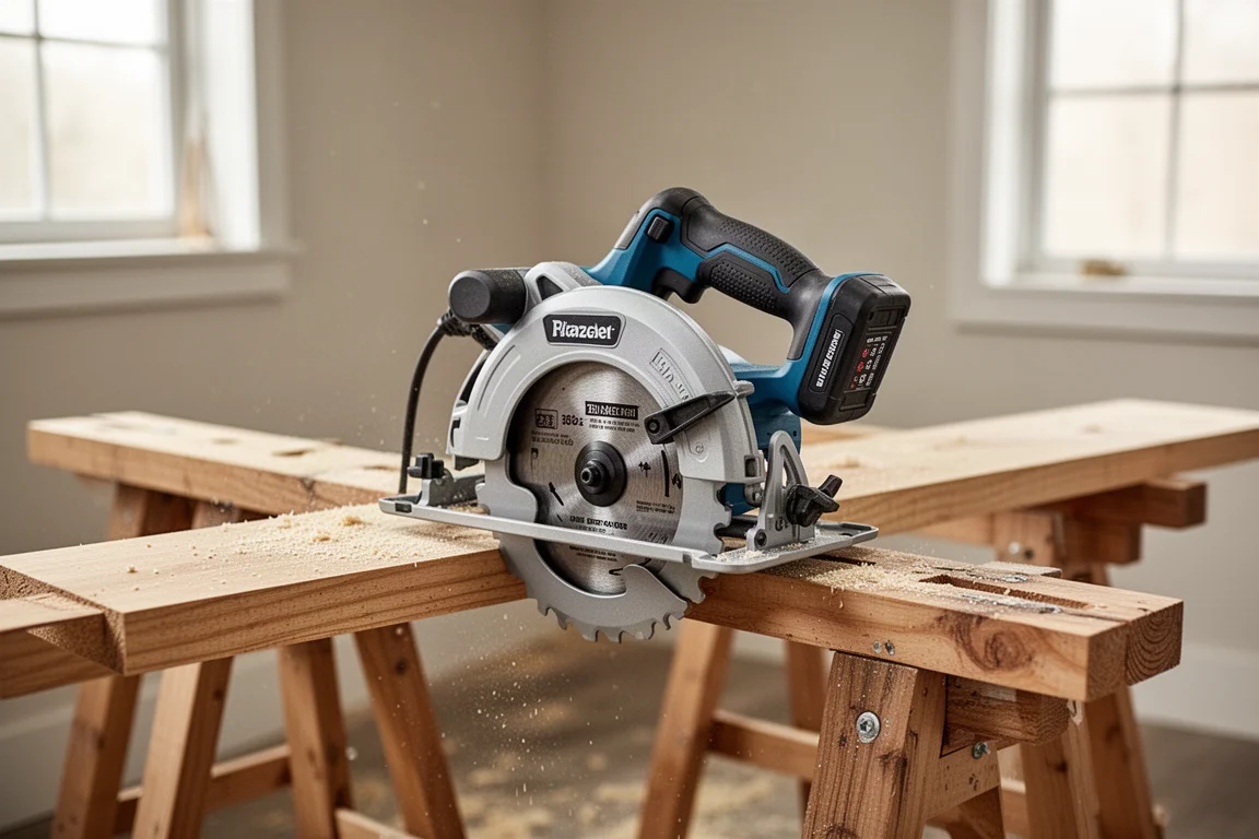 Cordless circular saw resting on sawhorses in a home workshop