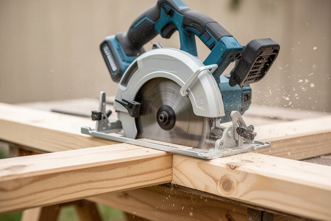Circular saw mid-cut through a piece of dimensional lumber