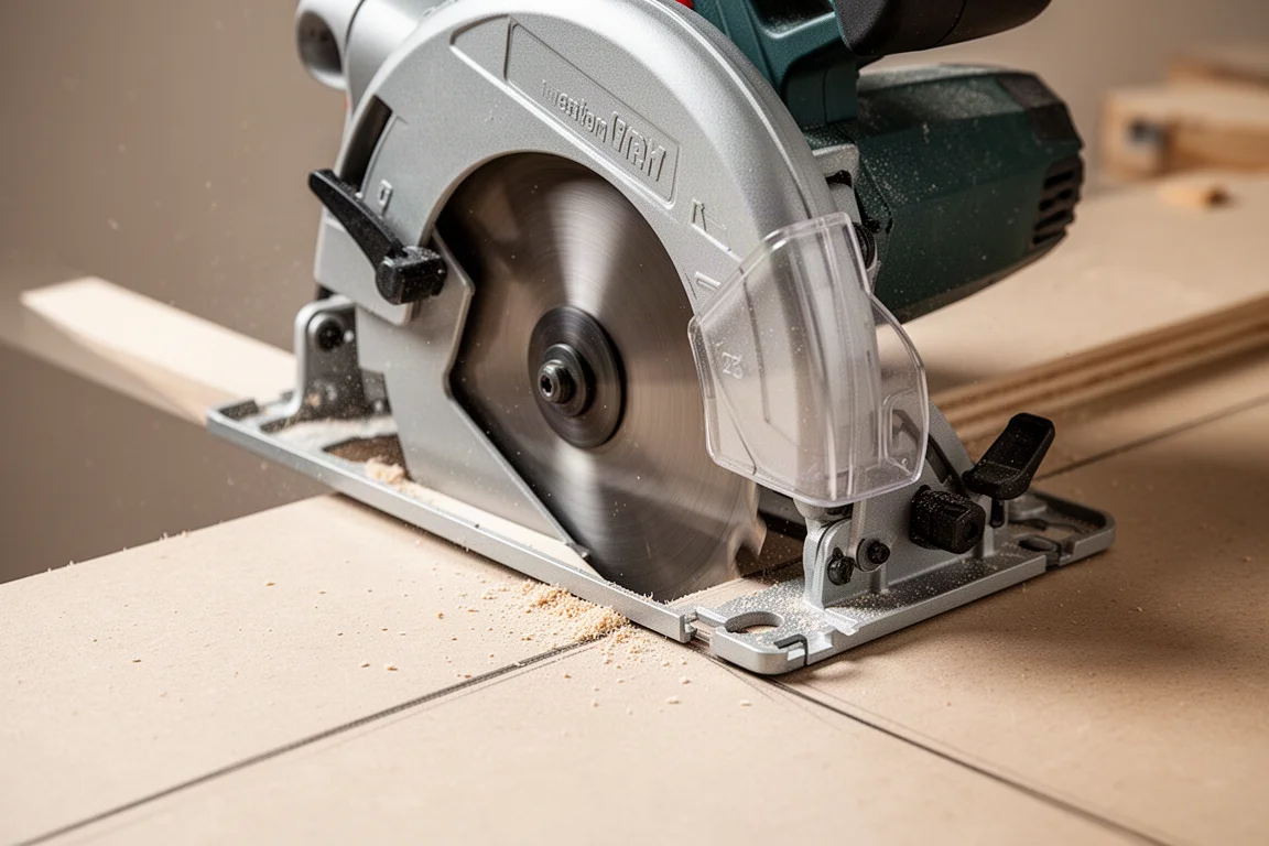 Circular saw cutting a bevel angle along a marked guide line