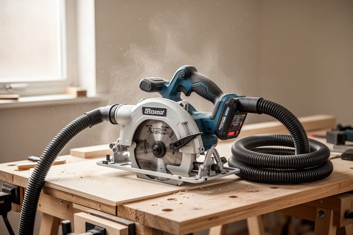 Workshop bench with dust extraction hose connected to a circular saw