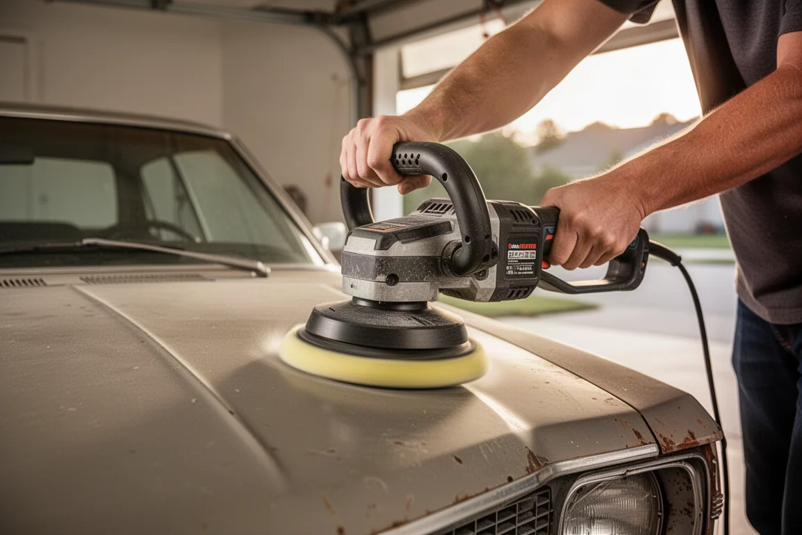 Two hands guiding a buffer polisher over a car body panel