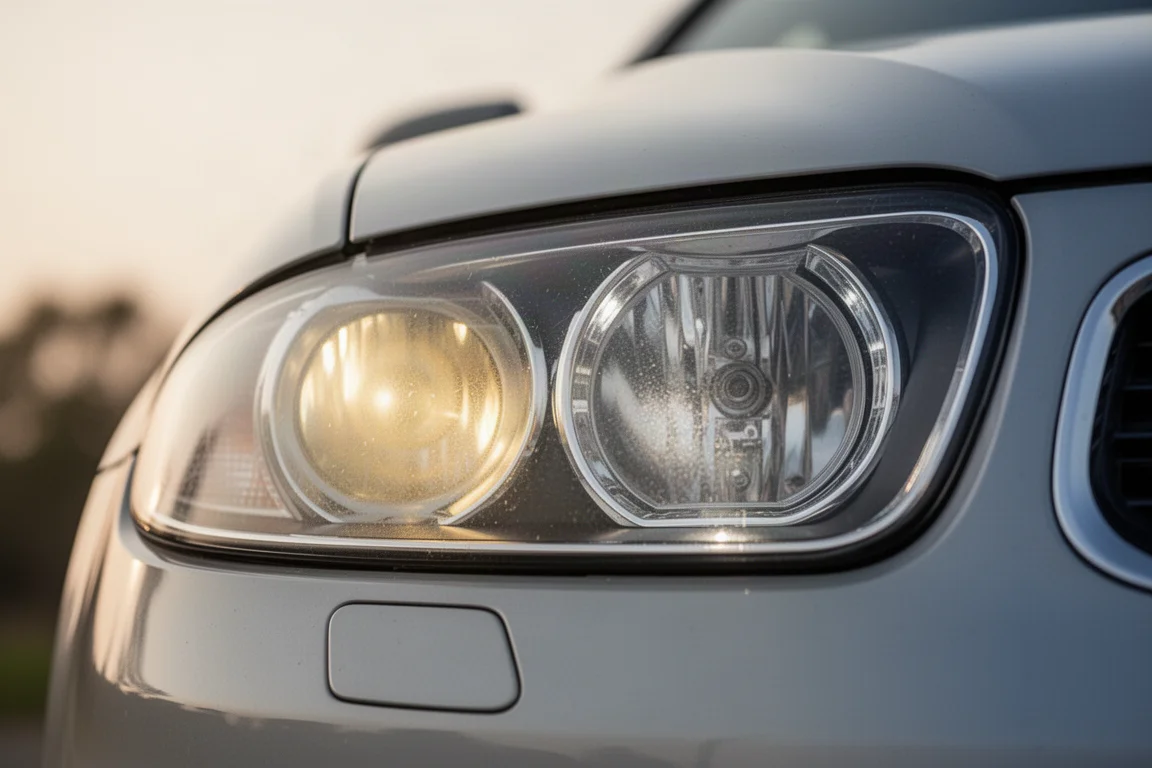 Cloudy headlight lens beside a freshly polished clear one on a car