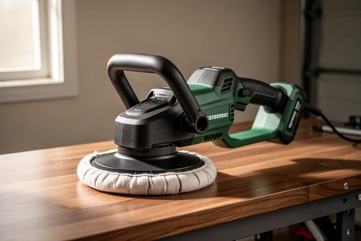 GreenWorks 24V cordless buffer polisher with a large fabric bonnet on a workbench