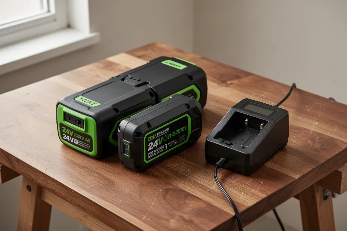 Two 24V battery packs and a compact charger on a workbench
