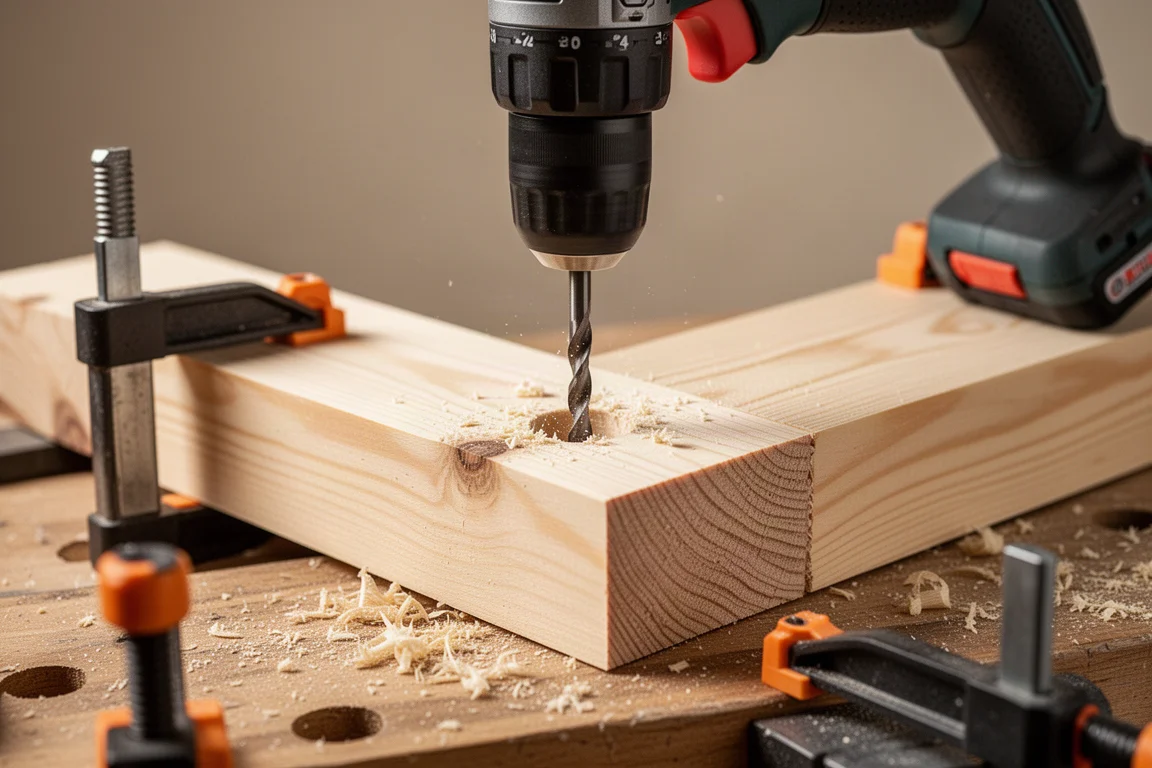Cordless drill driving a bit into a thick pine board on a workbench