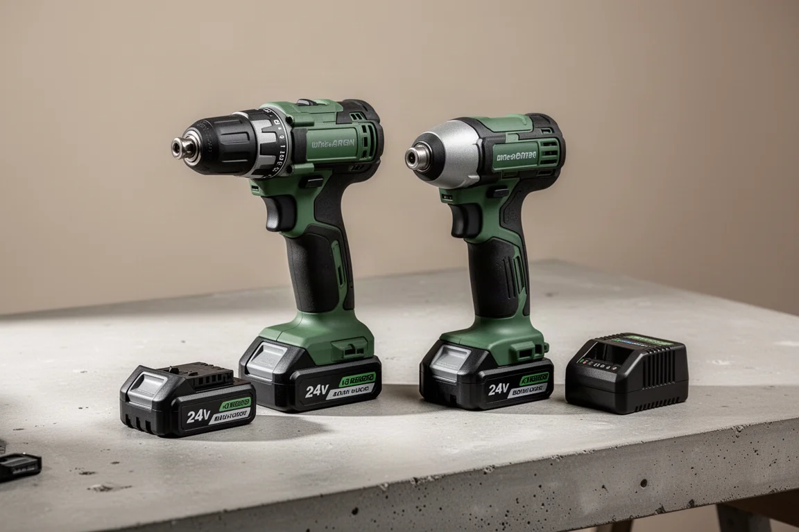 Greenworks 24V drill and impact driver with batteries and charger on a workbench