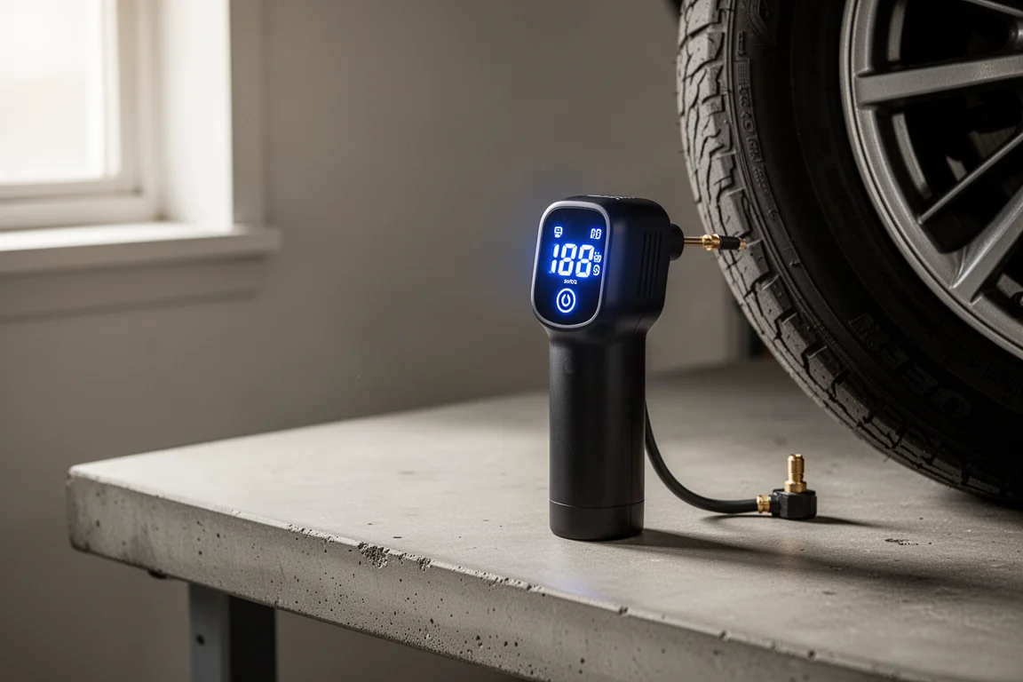 Kompakter akkubetriebener Inflator mit beleuchtetem Digitaldisplay auf einer Werkbank in der Garage